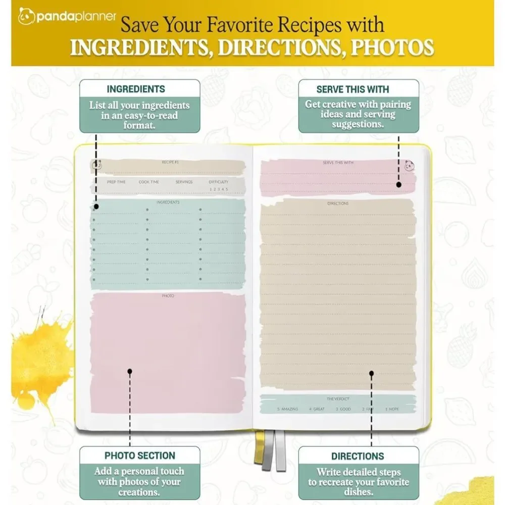 PANDA PLANNER Yellow Recipe Book Write In Your Family Recipes 8.25”x5.75”